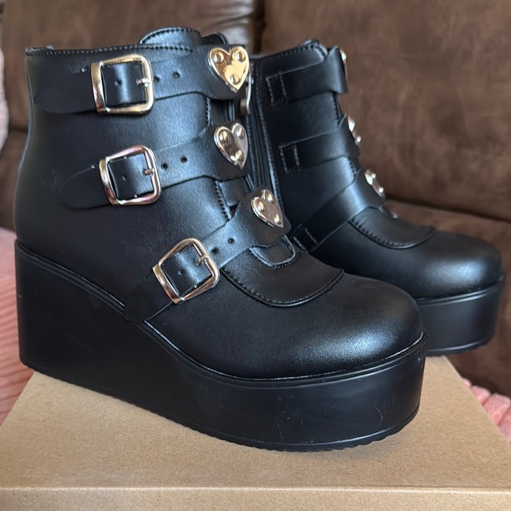 Black Platform Ankle Boots with Silver Buckles